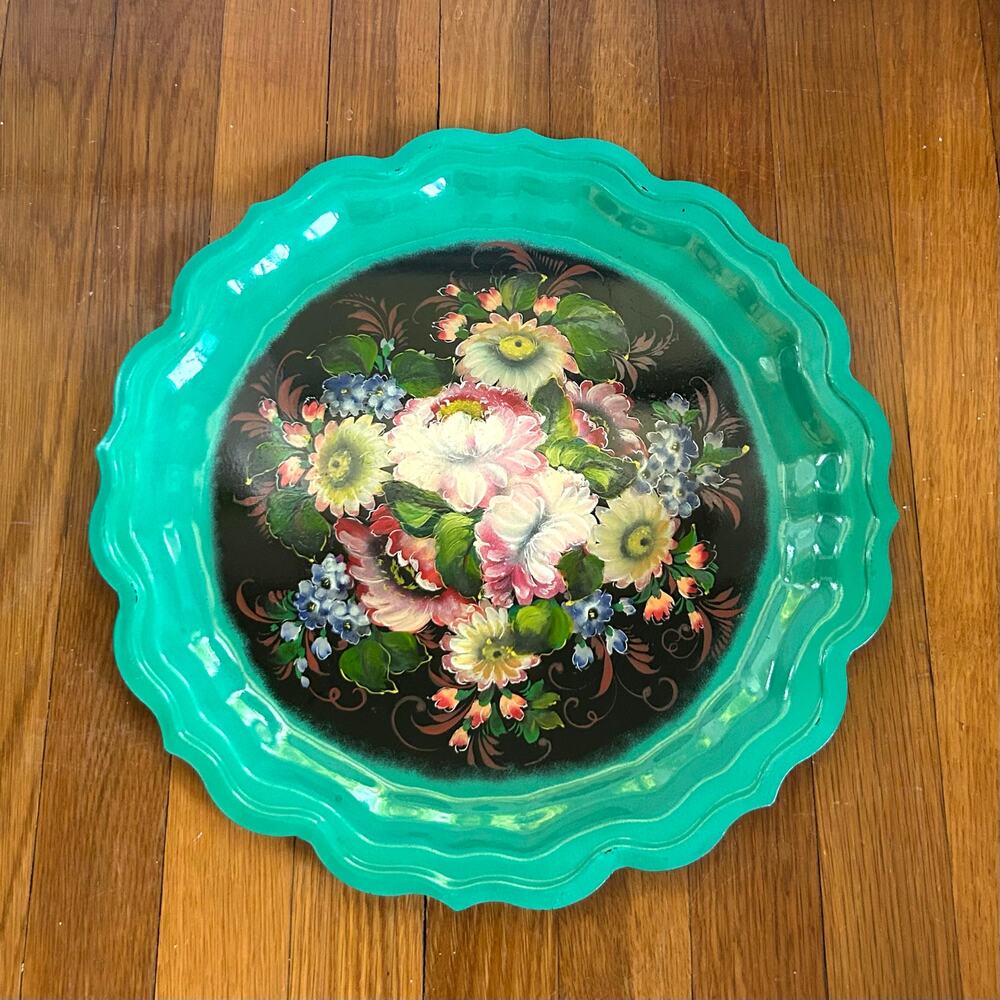Vintage Zhostovo Russian Tole Tray with Bright Floral & Green Rim 15”